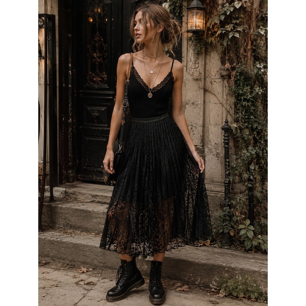 Free People Black Pleated Lace Midi Skirt Size 2 Romantic Goth Boho - Picture 2 of 8